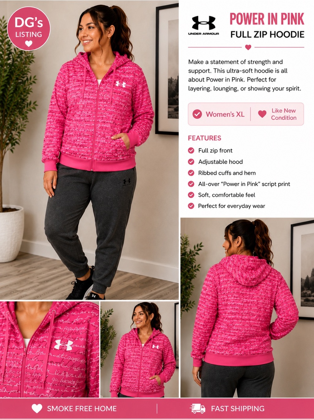 Under Armour Xl Pink 'Power in Pink' Full-Zip Hoodie
